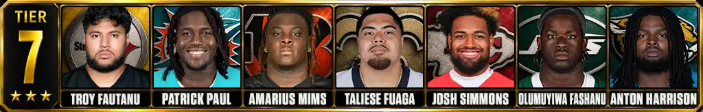 Best offensive tackles in the NFL today 2026 prediction Tier 7 featuring Troy Fautanu, Patrick Paul, Amarius Mims, Taliese Fuaga, Josh Simmons, Olumuyiwa Fashanu, Anton Harrison