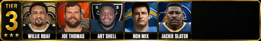 Tier 3 best offensive tackles of all-time featuring Willie Roaf, Joe Thomas, Art Shell, Ron Mix, and Jackie Slater