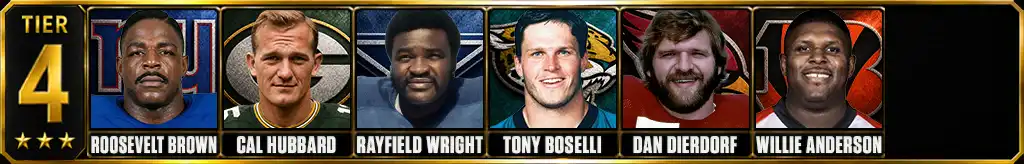 Tier 4 best offensive tackles of all-time featuring Roosevelt Brown, Cal Hubbard, Rayfield Wright, Tony Boselli, Dan Dierdorf, and Willie Anderson