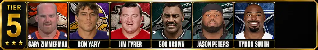Tier 5 best offensive tackles of all-time featuring Gary Zimmerman, Ron Yary, Jim Tyrer, Bob Brown, Jason Peters, and Tyron Smith