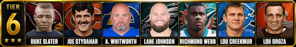Tier 6 best offensive tackles of all-time featuring Duke Slater, Joe Stydahar, Andrew Whitworth, Lane Johnson, Richmond Webb, Lou Creekmur, and Lou Groza