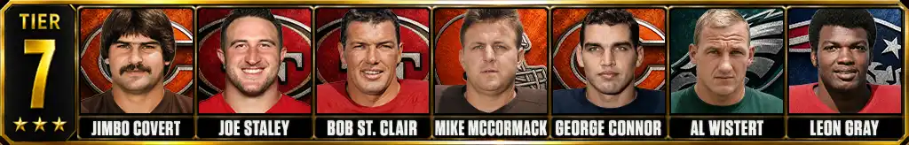 Tier 7 best offensive tackles of all-time featuring Jimbo Covert, Joe Staley, Bob St. Clair, Mike McCormack, George Connor, Al Wistert, and Leon Gray