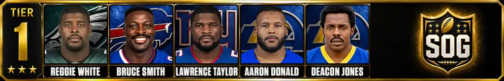 Tier 1 best pass rushers in NFL history featuring Reggie White, Bruce Smith, Lawrence Taylor, Aaron Donald, and Deacon Jones