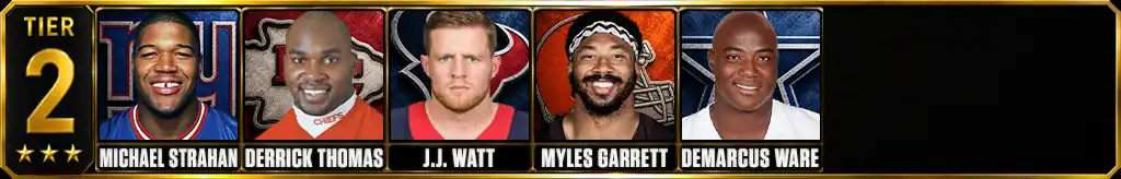 Tier 2 best pass rushers in NFL history featuring Michael Strahan, Derrick Thomas, J.J. Watt, Myles Garrett, and DeMarcus Ware