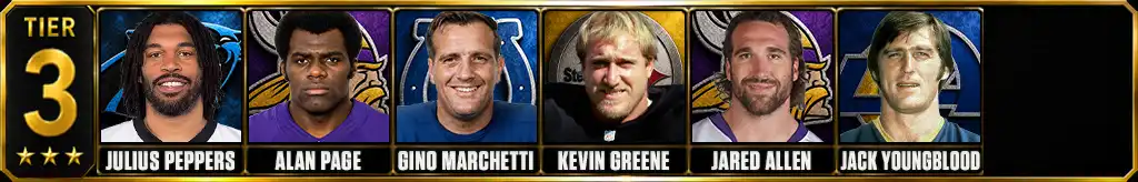 Tier 3 best pass rushers in NFL history featuring Julius Peppers, Alan Page, Gino Marchetti, Kevin Greene, Jared Allen, and Jack Youngblood