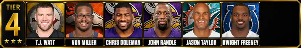 Tier 4 best pass rushers in NFL history featuring T.J. Watt, Von Miller, Chris Doleman, John Randle, Jason Taylor, and Dwight Freeney