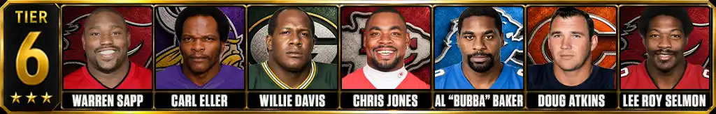 Tier 6 best pass rushers in NFL history featuring Warren Sapp, Carl Eller, Willie Davis, Chris Jones, Al “Bubba” Baker, Doug Atkins, and Lee Roy Selmon