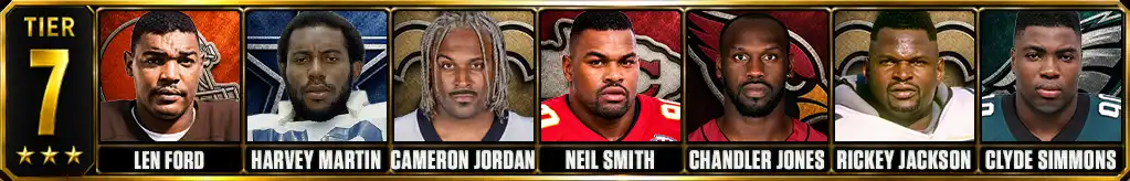 Tier 7 best pass rushers in NFL history featuring Len Ford, Harvey Martin, Cameron Jordan, Neil Smith, Chandler Jones, Rickey Jackson, and Clyde Simmons