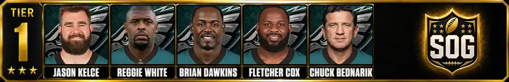 Tier 1 best Philadelphia Eagles of all-time featuring Jason Kelce, Reggie White, Brian Dawkins, Fletcher Cox, and Chuck Bednarik