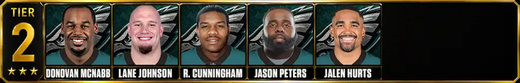 Tier 2 best Philadelphia Eagles of all-time featuring Donovan McNabb, Lane Johnson, Randall Cunningham, Jason Peters, and Jalen Hurts