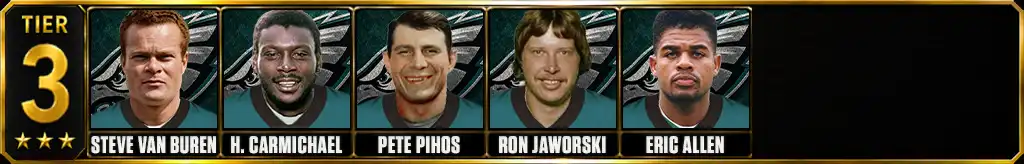 Tier 3 best Philadelphia Eagles of all-time featuring Steve Van Buren, Harold Carmichael, Pete Pihos, Ron Jaworski, and Eric Allen