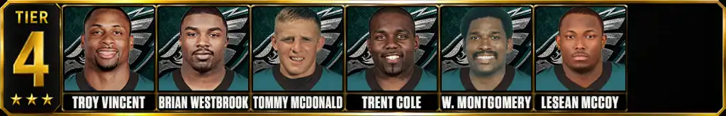 Tier 4 best Philadelphia Eagles of all-time featuring Troy Vincent, Brian Westbrook, Tommy McDonald, Trent Cole, Wilbert Montgomery, and LeSean McCoy