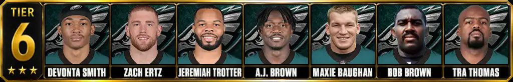 Tier 6 best Philadelphia Eagles of all-time featuring DeVonta Smith, Zach Ertz, Jeremiah Trotter, A.J. Brown, Maxie Baughan, Bob Brown, and Tra Thomas