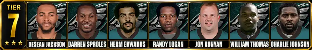 Tier 7 best Philadelphia Eagles of all-time featuring DeSean Jackson, Darren Sproles, Herm Edwards, Randy Logan, Jon Runyan, William Thomas, and Charlie Johnson