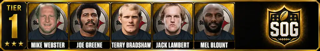 Tier 1 best Pittsburgh Steelers of all-time featuring Mike Webster, Joe Greene, Terry Bradshaw, Jack Lambert, and Mel Blount