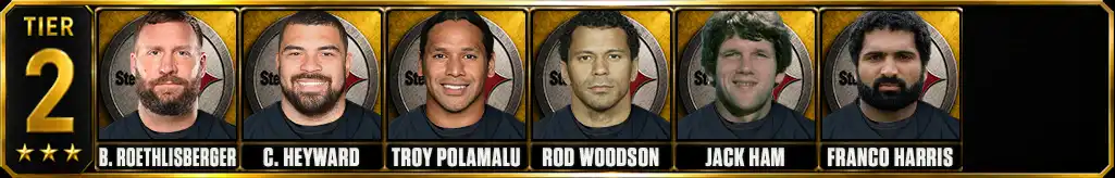 Tier 2 best Pittsburgh Steelers of all-time featuring Ben Roethlisberger, Cameron Heyward, Troy Polamalu, Rod Woodson, Jack Ham, and Franco Harris