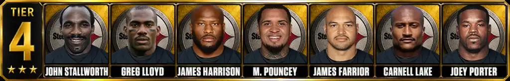 Tier 4 best Pittsburgh Steelers of all-time featuring John Stallworth, Greg Lloyd, James Harrison, Maurkice Pouncey, James Farrior, Carnell Lake, and Joey Porter
