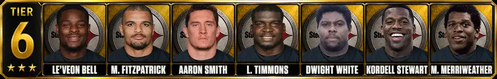 Tier 6 best Pittsburgh Steelers of all-time featuring Le'Veon Bell, Minkah Fitzpatrick, Aaron Smith, Lawrence Timmons, Dwight White, Kordell Stewart, and Mike Merriweather