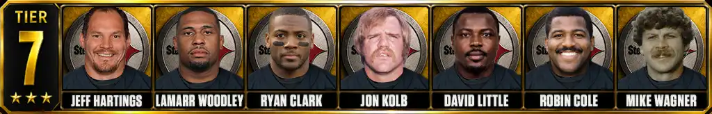 Tier 7 best Pittsburgh Steelers of all-time featuring Jeff Hartings, LaMarr Woodley, Ryan Clark, Jon Kolb, David Little, Robin Cole, and Mike Wagner