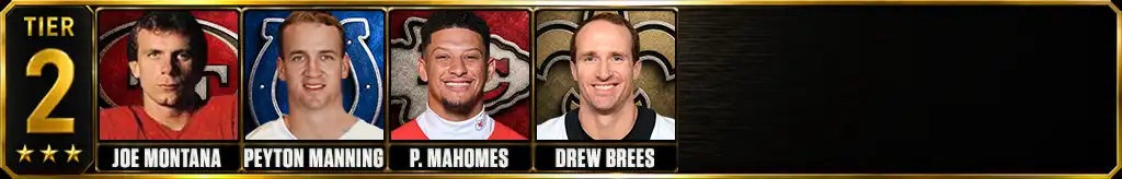 Tier 2 best quarterbacks of all time featuring Joe Montana, Peyton Manning, Patrick Mahomes, and Drew Brees