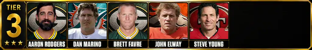 Tier 3 best quarterbacks of all time featuring Aaron Rodgers, Dan Marino, Brett Favre, John Elway, and Steve Young