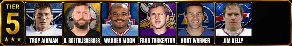 Tier 5 best quarterbacks of all time featuring Troy Aikman, Ben Roethlisberger, Warren Moon, Fran Tarkenton, Kurt Warner, and Jim Kelly