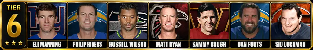 Tier 6 best quarterbacks of all time featuring Eli Manning, Philip Rivers, Russell Wilson, Matt Ryan, Sammy Baugh, Dan Fouts, and Sid Luckman