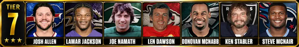 Tier 7 best quarterbacks of all time featuring Josh Allen, Lamar Jackson, Joe Namath, Len Dawson, Donovan McNabb, Ken Stabler, and Steve McNair