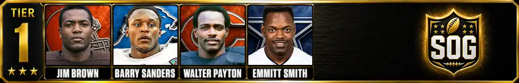 Tier 1 best running backs of all-time featuring Jim Brown, Barry Sanders, Walter Payton, and Emmitt Smith