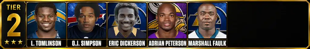 Tier 2 best running backs of all-time featuring LaDainian Tomlinson, O.J. Simpson, Eric Dickerson, Adrian Peterson, and Marshall Faulk