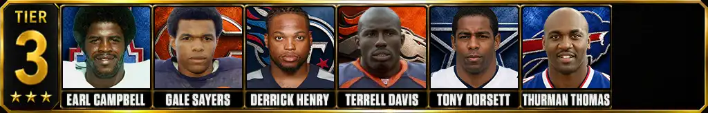 Tier 3 best running backs of all-time featuring Earl Campbell, Gale Sayers, Derrick Henry, Terrell Davis, Tony Dorsett, and Thurman Thomas