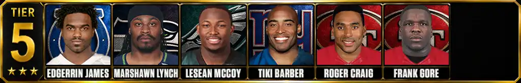 Tier 5 best running backs of all-time featuring Edgerrin James, Marshawn Lynch, LeSean McCoy, Tiki Barber, Roger Craig, and Frank Gore