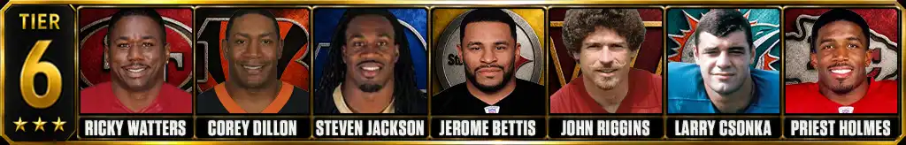 Tier 6 best running backs of all-time featuring Ricky Watters, Corey Dillon, Steven Jackson, Jerome Bettis, John Riggins, Larry Csonka, and Priest Holmes