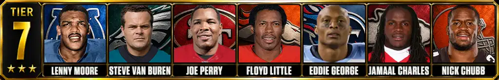 Tier 7 best running backs of all-time featuring Lenny Moore, Steve Van Buren, Joe Perry, Floyd Little, Eddie George, Jamaal Charles, and Nick Chubb