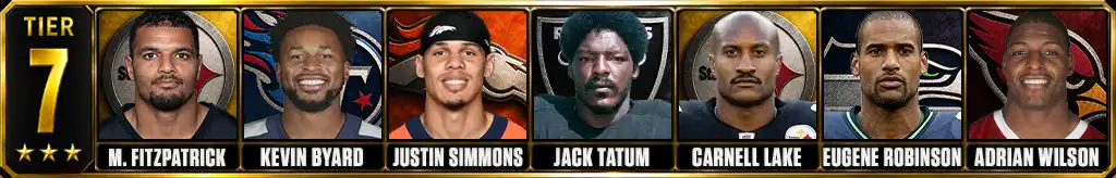 Tier 7 best safeties of all-time featuring Minkah Fitzpatrick, Kevin Byard, Justin Simmons, Jack Tatum, Carnell Lake, Eugene Robinson, Adrian Wilson