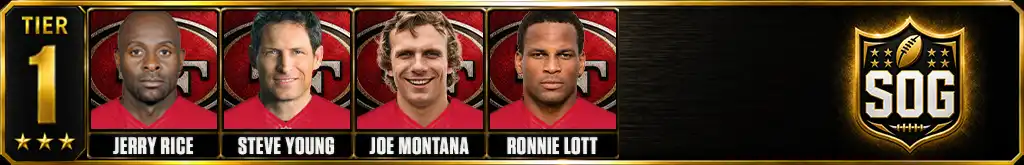 Tier 1 best San Francisco 49ers of players all-time featuring Jerry Rice, Steve Young, Joe Montana, and Ronnie Lott
