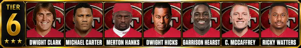 Tier 6 best San Francisco 49ers players of all-time featuring Dwight Clark, Michael Carter, Merton Hanks, Dwight Hicks, Garrison Hearst, Christian McCaffrey, and Ricky Watters