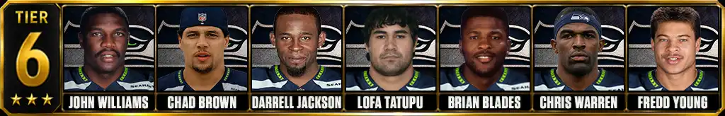 Tier 6 best Seattle Seahawks of all-time featuring John Williams, Chad Brown, Darrell Jackson, Lofa Tatupu, Brian Blades, Chris Warren, and Fredd Young