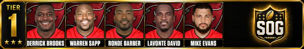 Tier 1 best Tampa Bay Buccaneers of all-time featuring Derrick Brooks, Warren Sapp, Ronde Barber, Lavonte David, and Mike Evans