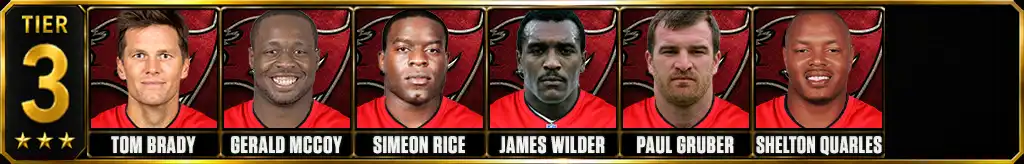 Tier 3 best Tampa Bay Buccaneers of all-time featuring Tom Brady, Gerald McCoy, Simeon Rice, James Wilder, Paul Gruber, and Shelton Quarles