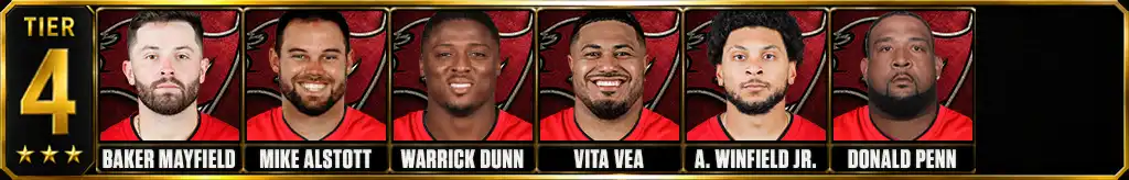 Tier 4 best Tampa Bay Buccaneers of all-time featuring Baker Mayfield, Mike Alstott, Warrick Dunn, Vita Vea, Antoine Winfield Jr., and Donald Penn