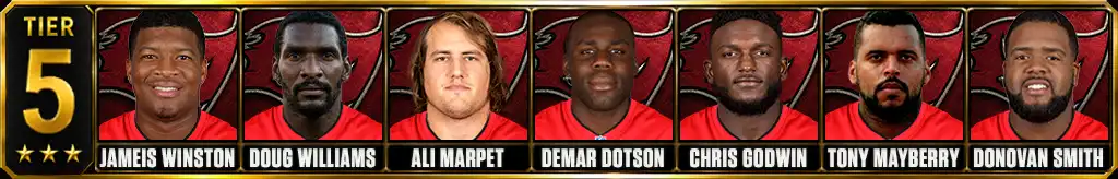 Tier 5 best Tampa Bay Buccaneers of all-time featuring Jameis Winston, Doug Williams, Ali Marpet, Demar Dotson, Chris Godwin, Tony Mayberry, and Donovan Smith