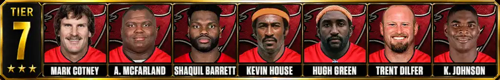 Tier 7 best Tampa Bay Buccaneers of all-time featuring Mark Cotney, Anthony McFarland, Shaquil Barrett, Kevin House, Hugh Green, Trent Dilfer, and Keyshawn Johnson