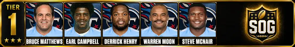 Tier 1 best Tennessee Titans Players of all-time featuring Bruce Matthews, Earl Campbell, Derrick Henry, Warren Moon, and Steve McNair
