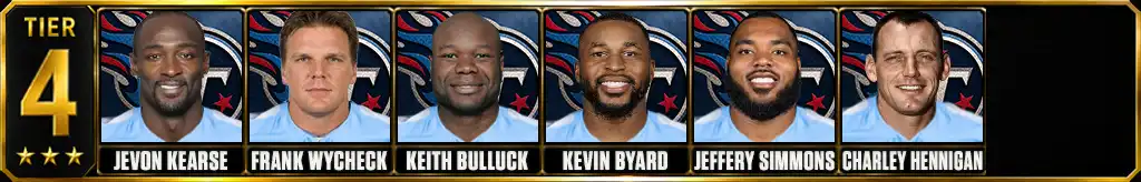 Tier 4 best Tennessee Titans Players of all-time featuring Jevon Kearse, Frank Wycheck, Keith Bulluck, Kevin Byard, Jeffery Simmons, and Charley Hennigan