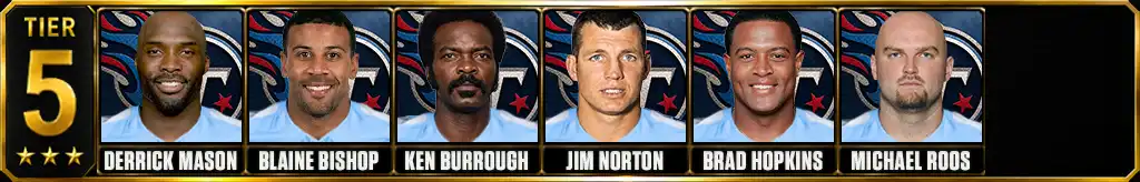 Tier 5 best Tennessee Titans Players of all-time featuring Derrick Mason, Blaine Bishop, Ken Burrough, Jim Norton, Brad Hopkins, and Michael Roos