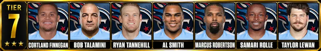 Tier 7 best Tennessee Titans Players of all-time featuring Cortland Finnegan, Bob Talamini, Ryan Tannehill, Al Smith, Marcus Robertson, Samari Rolle, and Taylor Lewan