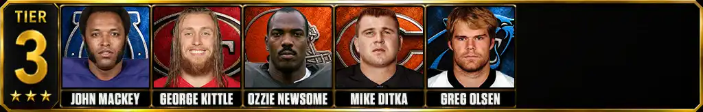 Tier 3 best tight ends of all-time featuring John Mackey, George Kittle, Ozzie Newsome, Mike Ditka, and Greg Olsen
