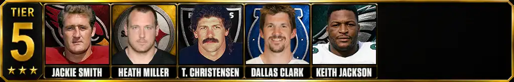 Tier 5 best tight ends of all-time featuring Jackie Smith, Heath Miller, Todd Christensen, Dallas Clark, and Keith Jackson
