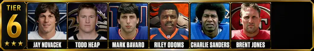Tier 6 best tight ends of all-time featuring Jay Novacek, Todd Heap, Mark Bavaro, Riley Odoms, Charlie Sanders, and Brent Jones